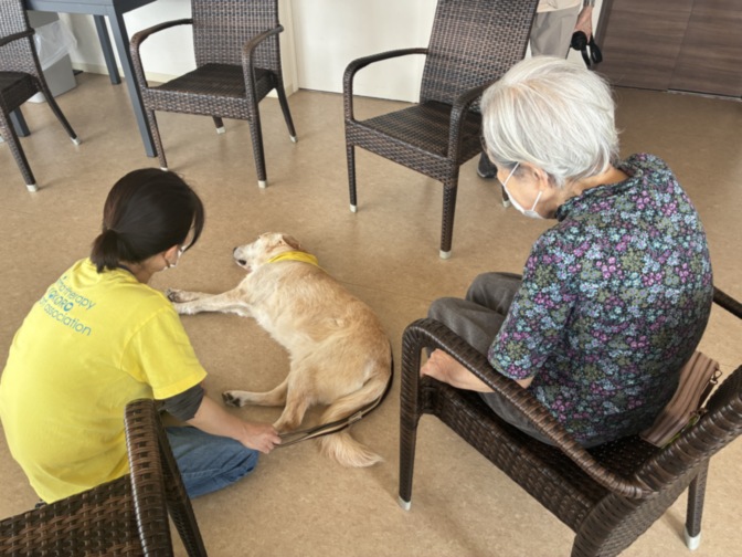 入居者が職員とセラピー犬と触れ合う様子。共用スペースでのレクリエーション活動。